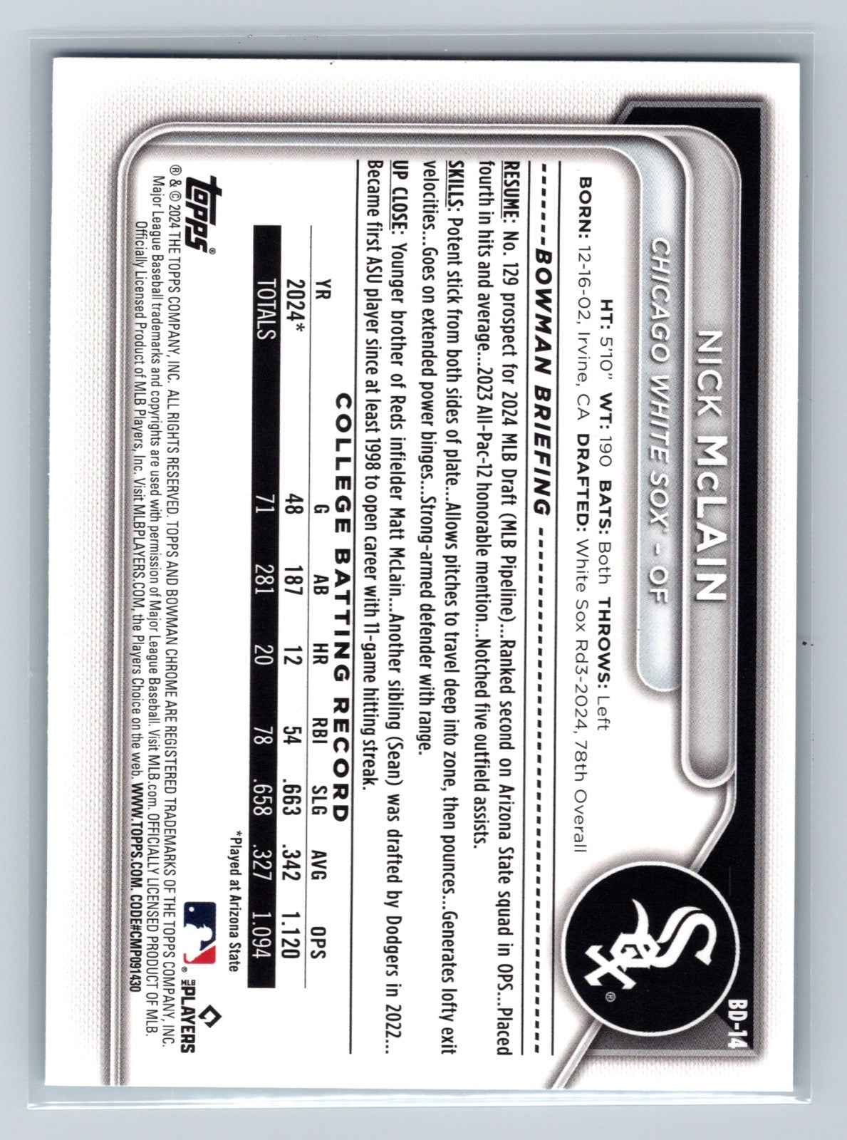 Nick McLain 2024 Bowman Draft 1st Paper Sky Blue /499 #BD-14 White Sox