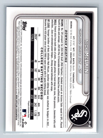 Nick McLain 2024 Bowman Draft 1st Paper Sky Blue /499 #BD-14 White Sox