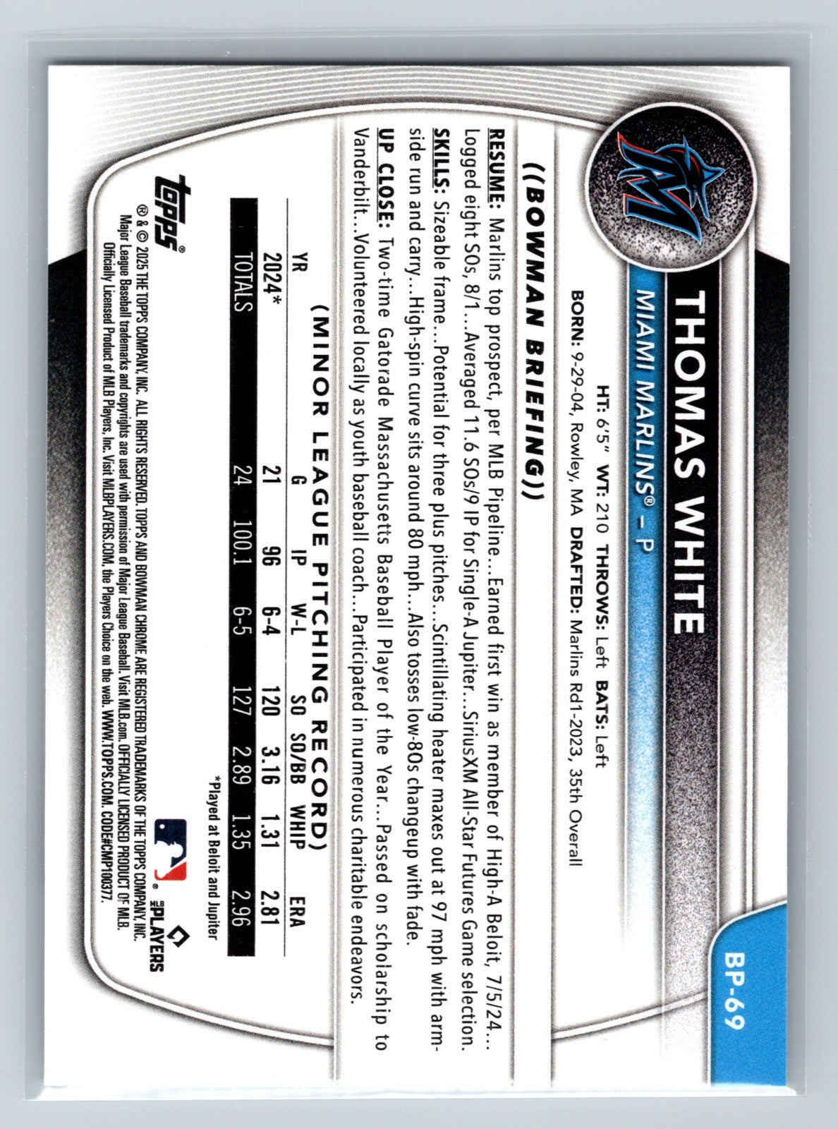 Thomas White 2025 Bowman 1st Paper #BP-69 Marlins
