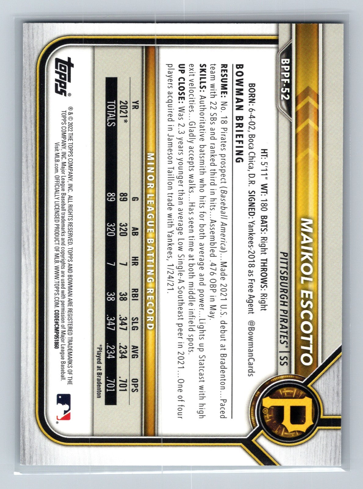 Maikol Escotto 2022 Bowman 1st Edition Paper Sky Blue #BPPF-52 Pirates