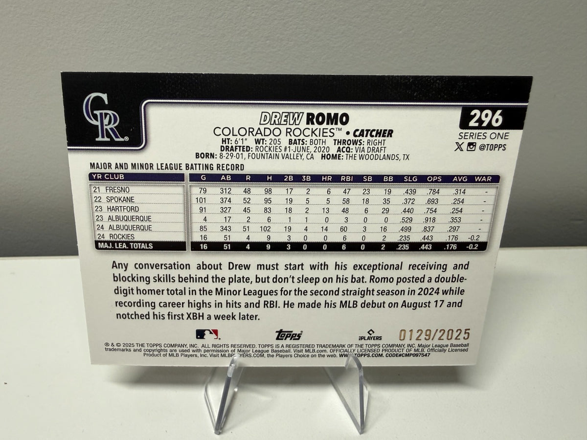 Drew Romo 2025 Topps Series 1 Gold RC /2025 #296 Rockies
