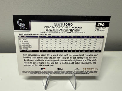 Drew Romo 2025 Topps Series 1 Gold RC /2025 #296 Rockies