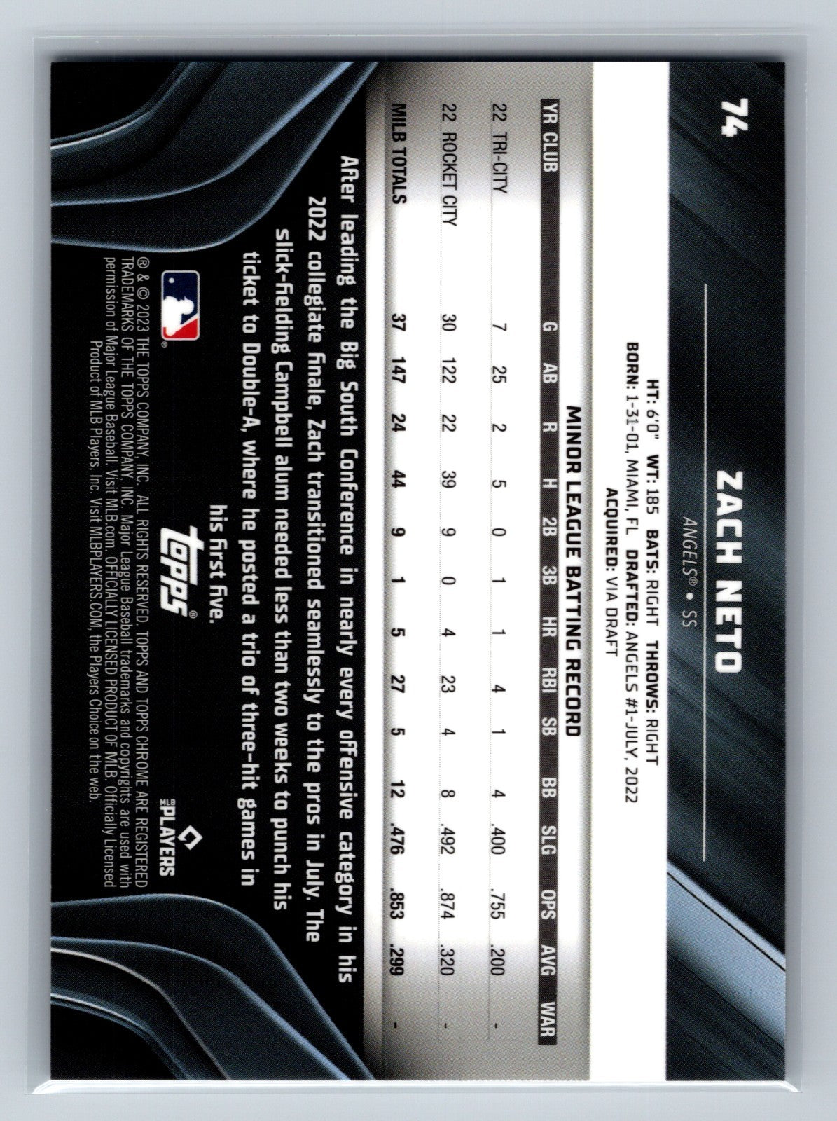 Zach Neto 2023 Topps Chrome Black Purple Mini Diamond Refractor RC /150 #74
