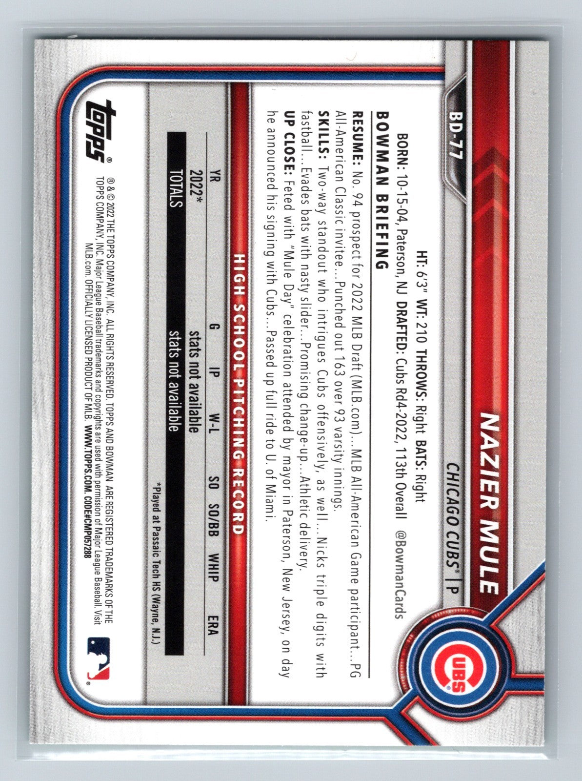 Nazier Mule 2022 Bowman Draft 1st Paper Green /99 #BD-77 Cubs