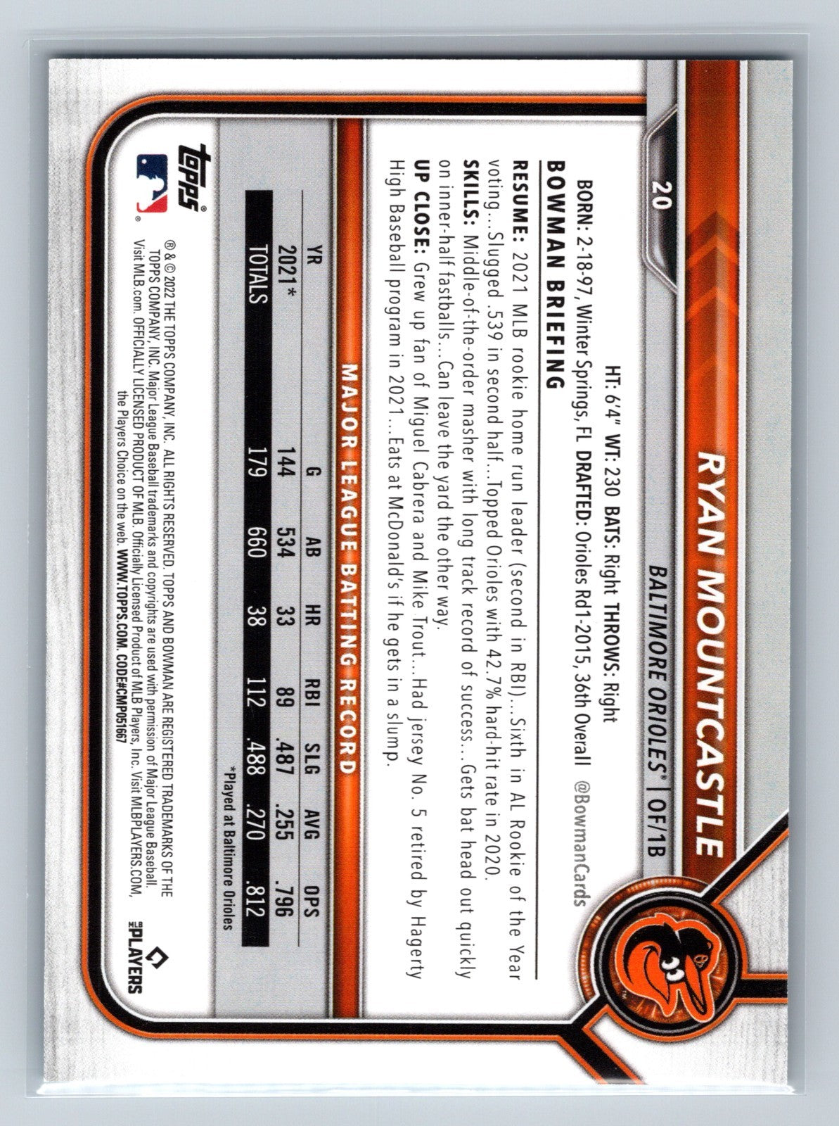 Ryan Mountcastle 2022 Bowman Sky Blue /499 #20 Orioles