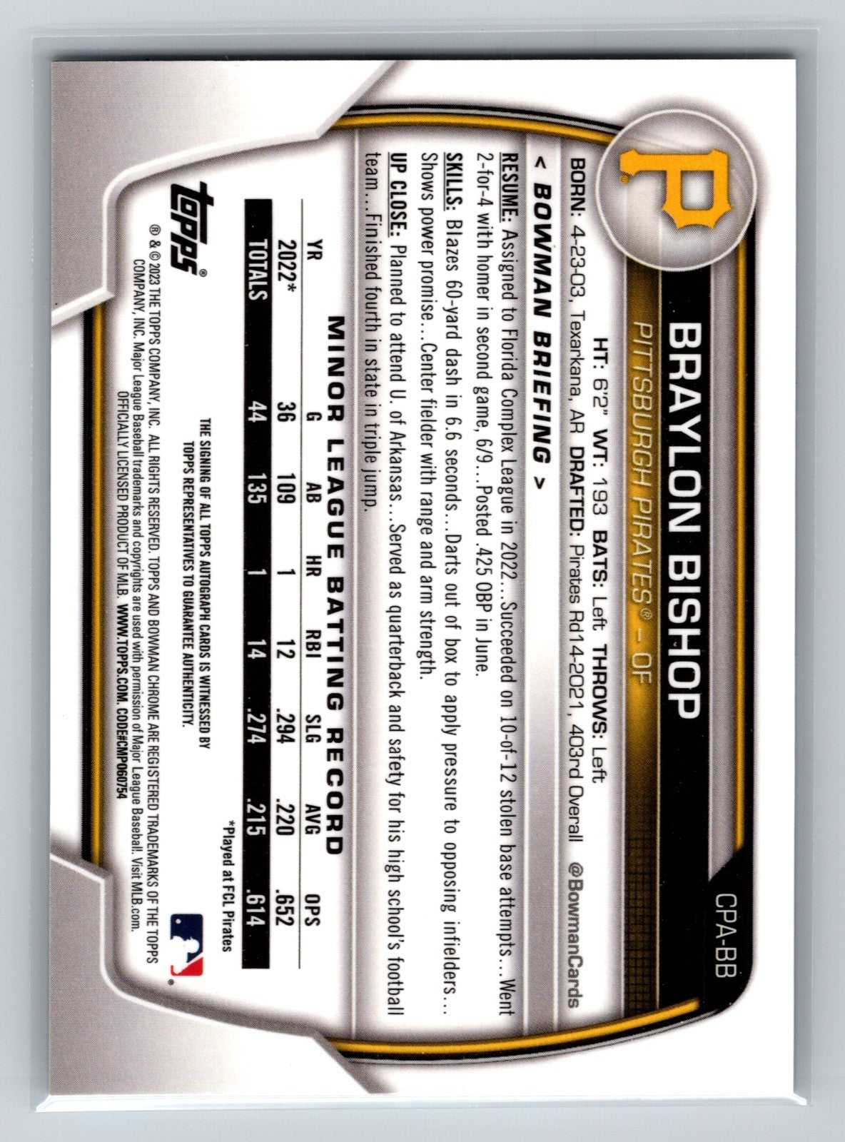 Braylon Bishop 2023 Bowman Chrome 1st Auto #CPA-BB Pirates
