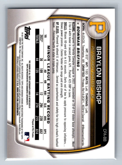 Braylon Bishop 2023 Bowman Chrome 1st Auto #CPA-BB Pirates