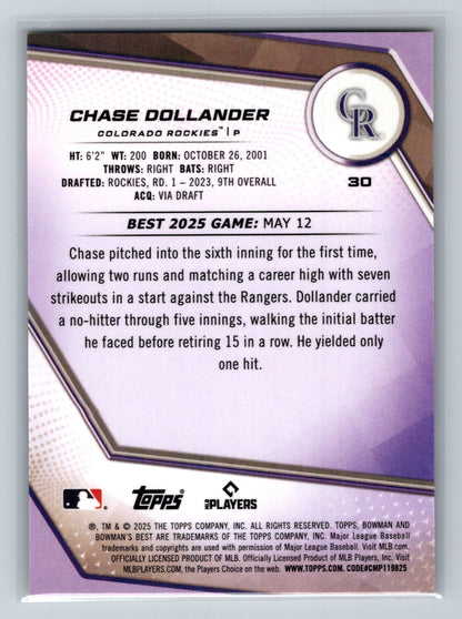 Chase Dollander 2025 Bowman's Best Yellow Refractor RC /75 #30 Rockies