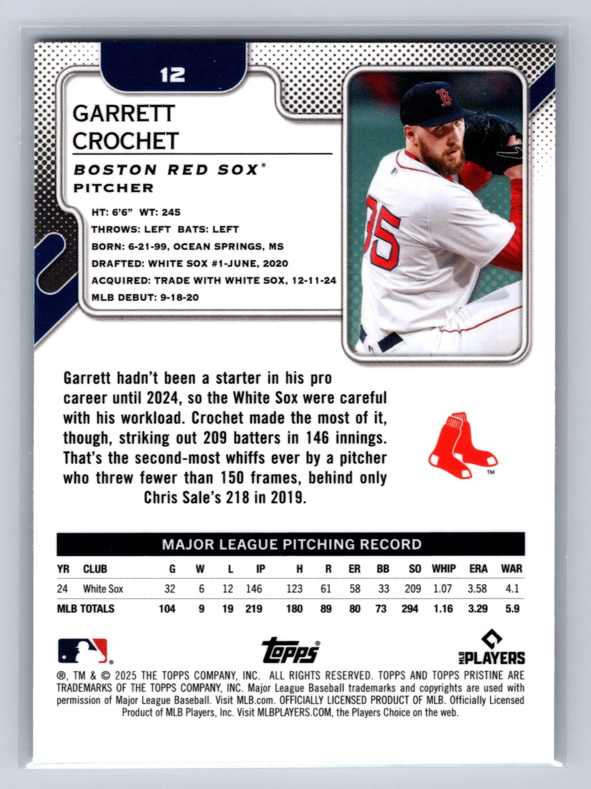 Garrett Crochet 2025 Topps Pristine Purple Refractor /99 #12 Red Sox
