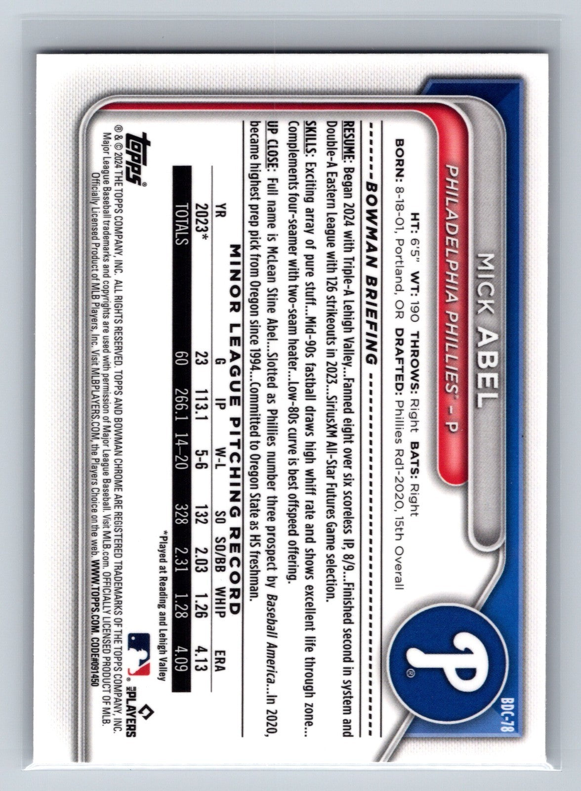 Mick Abel 2024 Bowman Draft Chrome Fuchsia Lunar Refractor /199 #BDC-78 Phillies