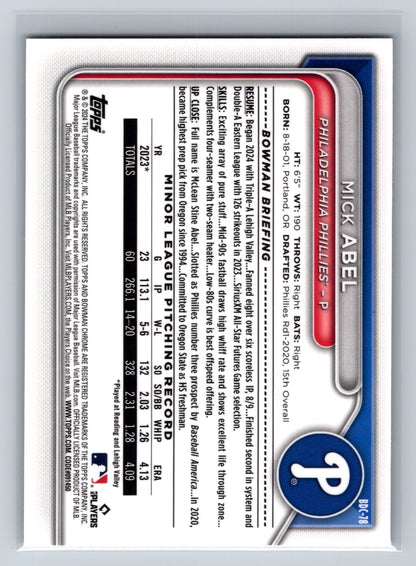 Mick Abel 2024 Bowman Draft Chrome Fuchsia Lunar Refractor /199 #BDC-78 Phillies