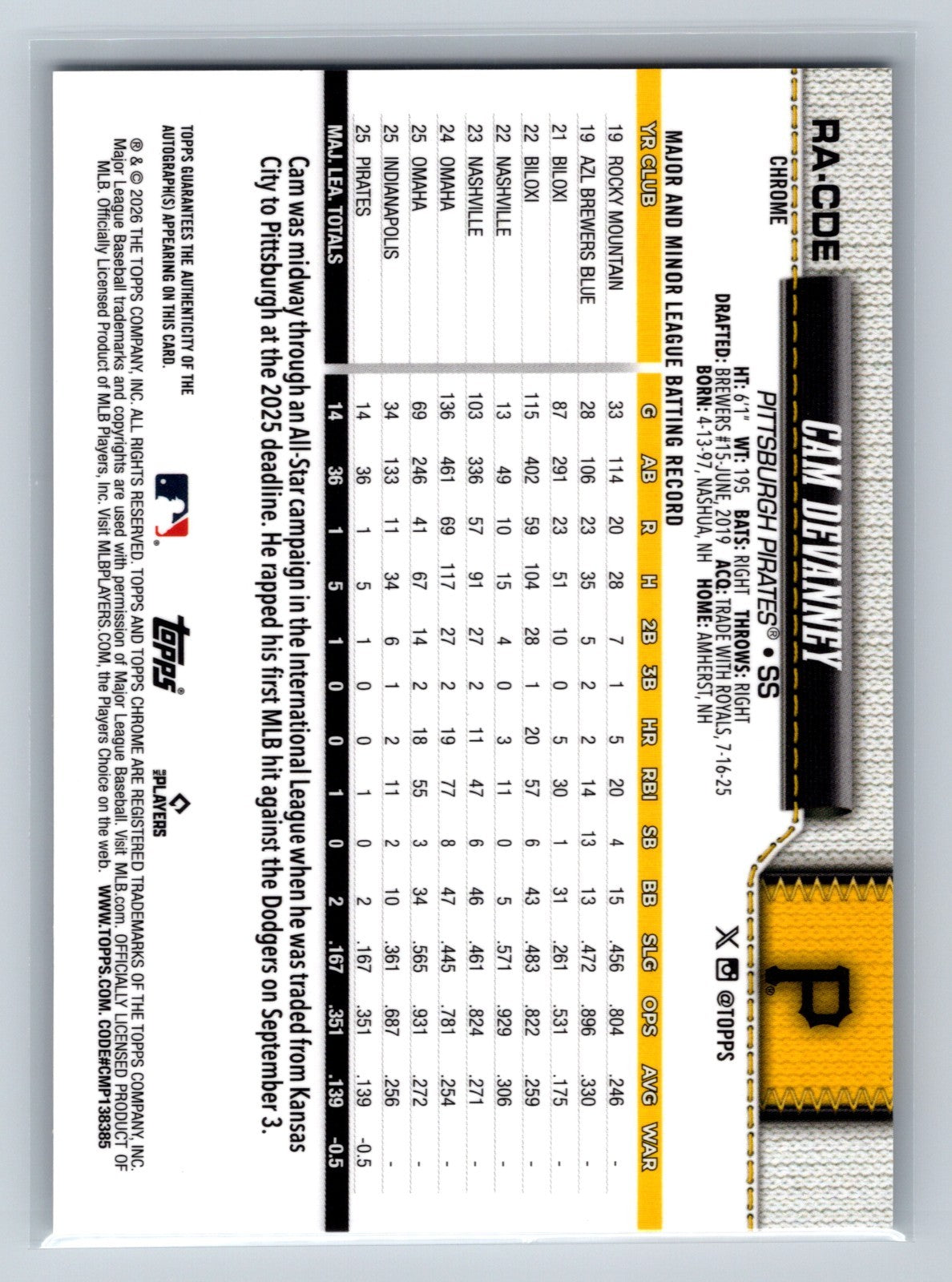 Cam Devanney 2026 Topps Chrome Auto RC #RA-CDE Pirates