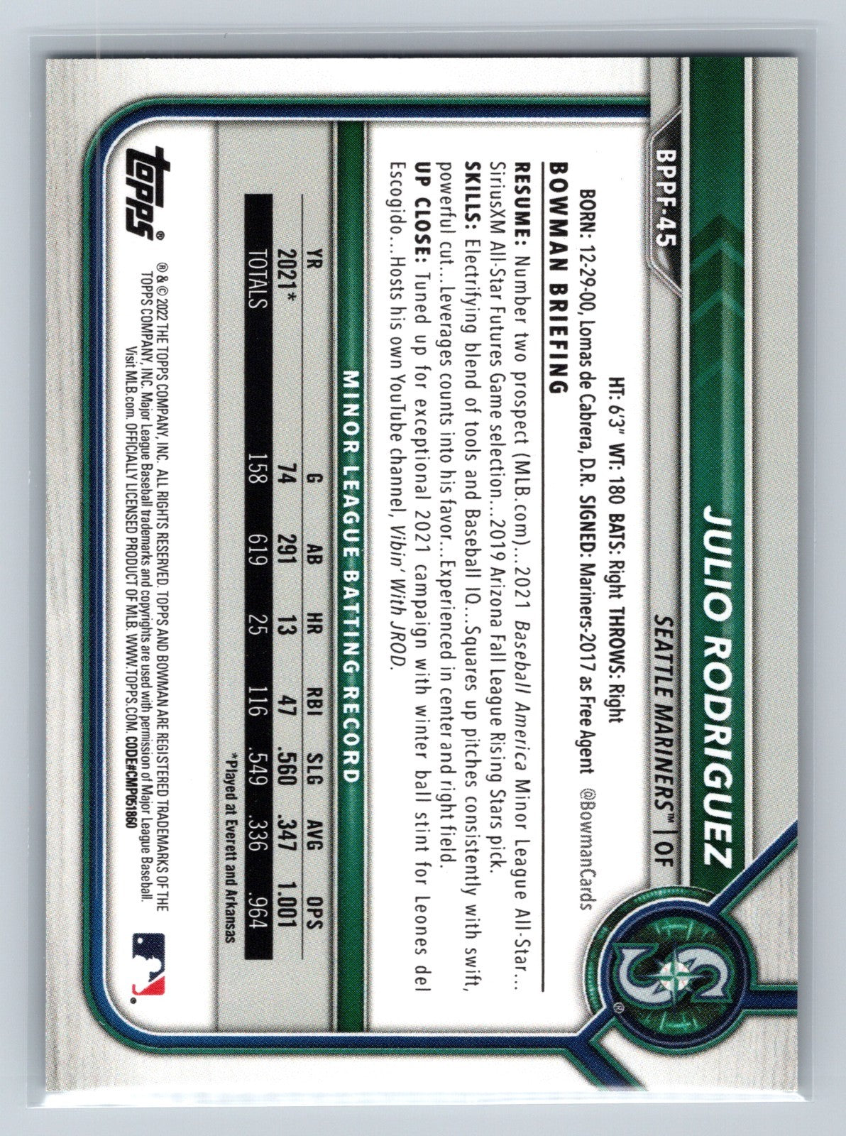 Julio Rodriguez 2022 Bowman 1st Edition Paper #BPPF-45 Mariners