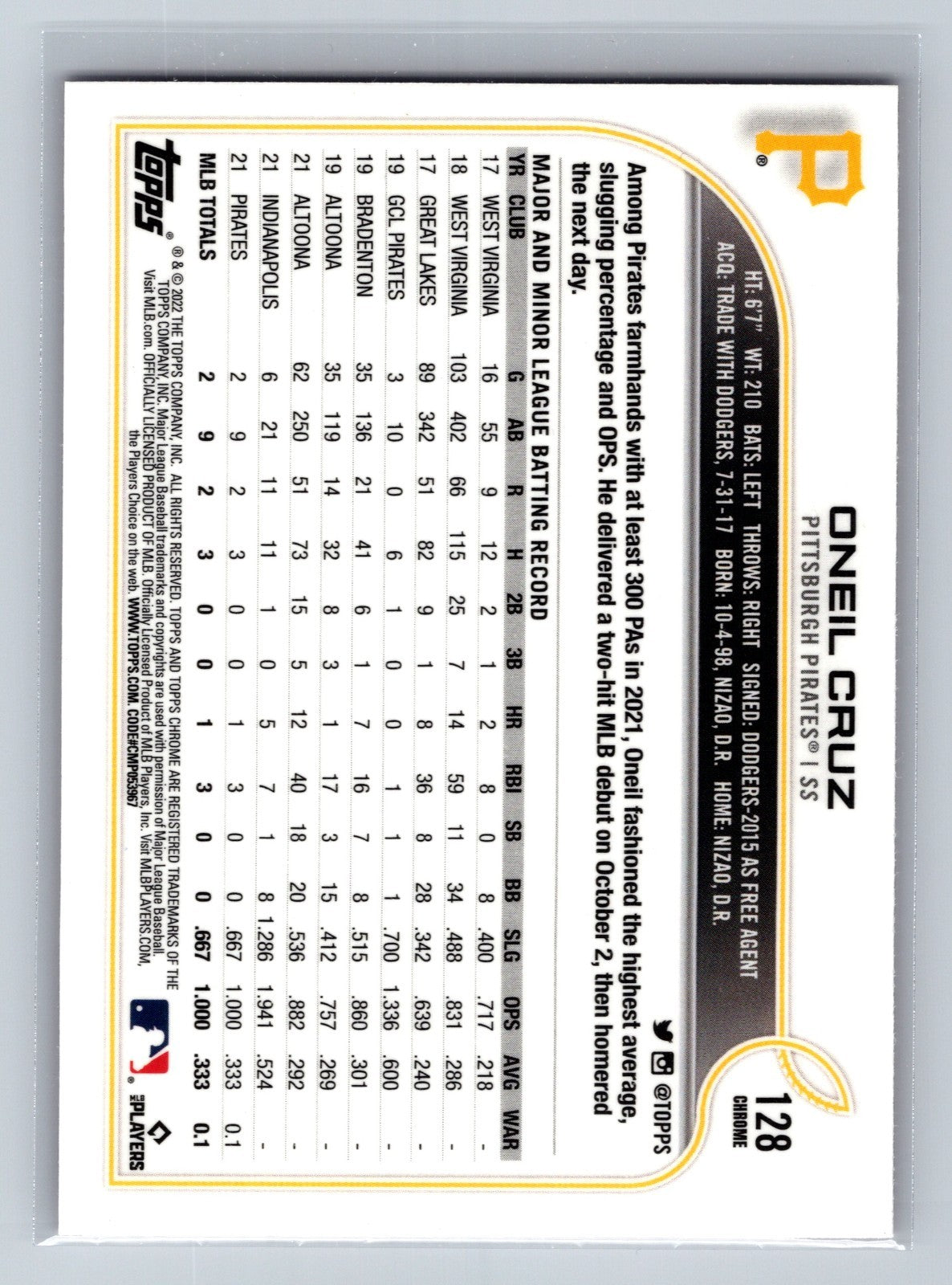 Oneil Cruz 2022 Topps Chrome Pink Refractor RC #128 Pirates