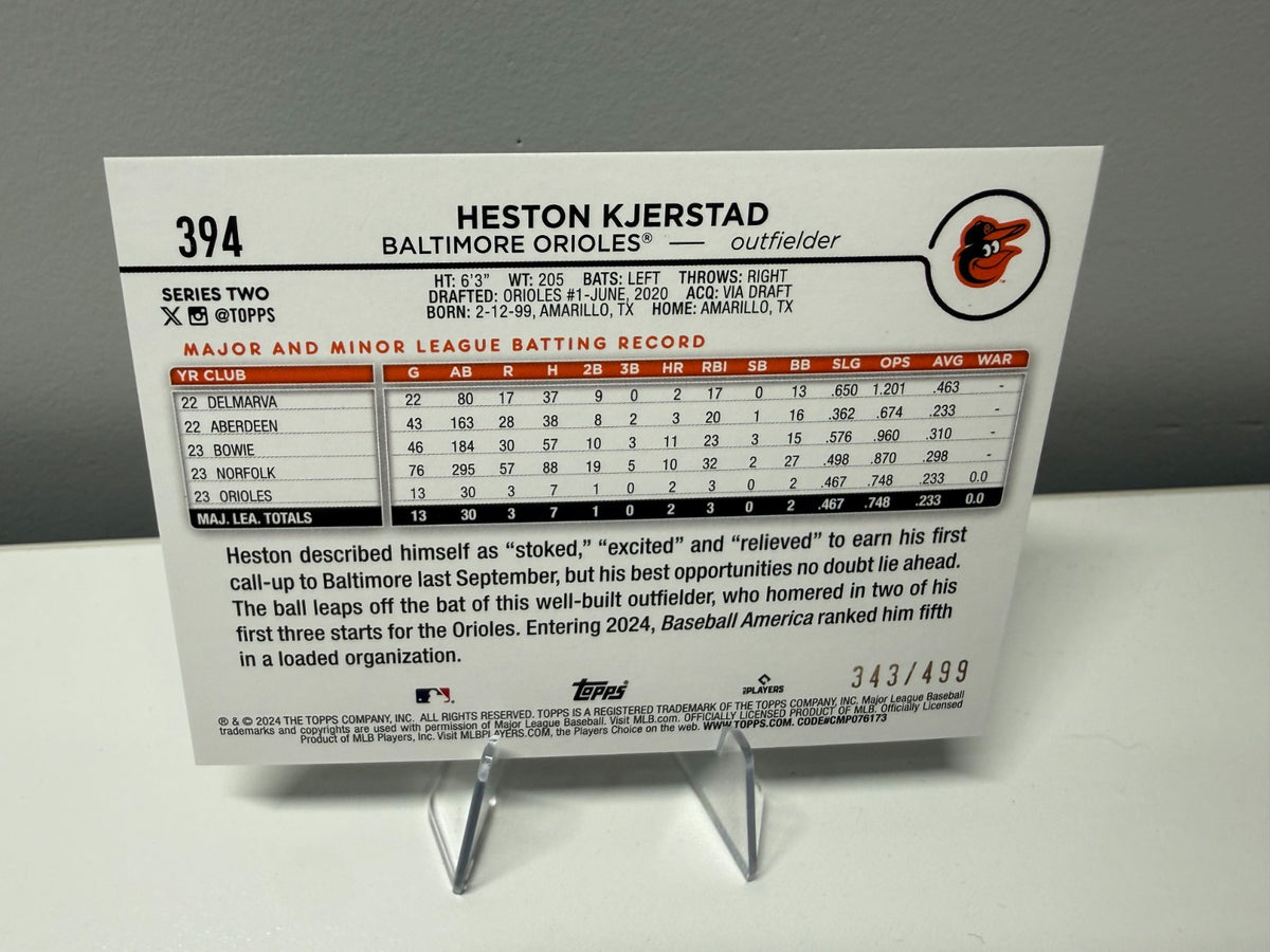 Heston Kjerstand 2024 Topps Series 2 Green Crackle Foil RC /499 #349 Orioles
