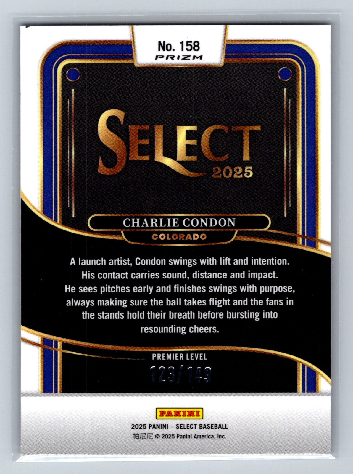 Charlie Condon 2025 Panini Select Premier Level Maroon Prizm /149 #158 Rockies