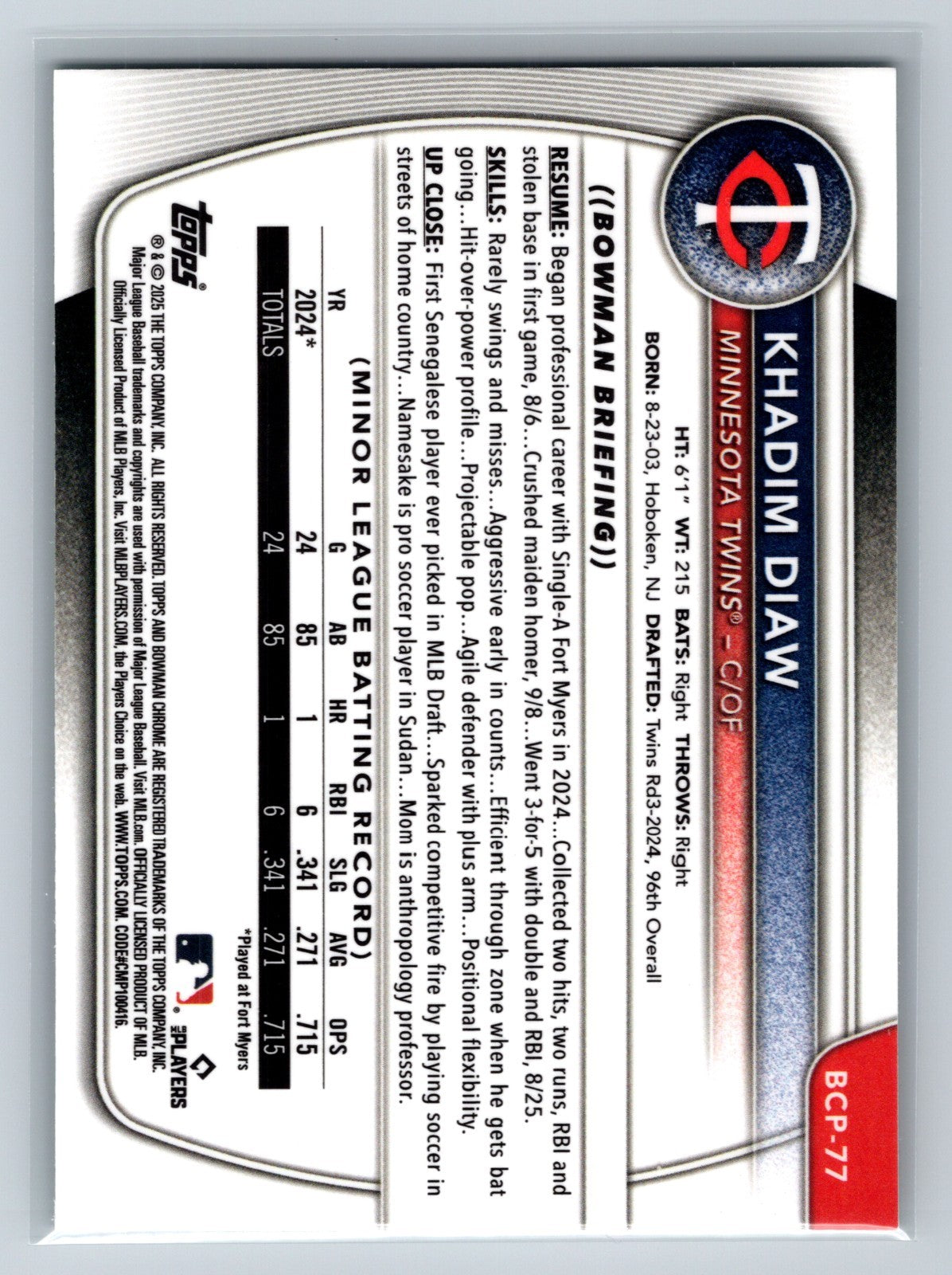 Khadim Diaw 2025 Bowman Chrome 1st Green Shimmer Refractor /99 #BCP-77 Twins