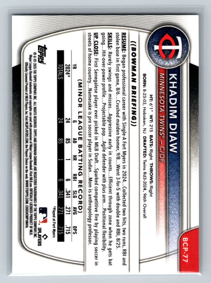 Khadim Diaw 2025 Bowman Chrome 1st Green Shimmer Refractor /99 #BCP-77 Twins