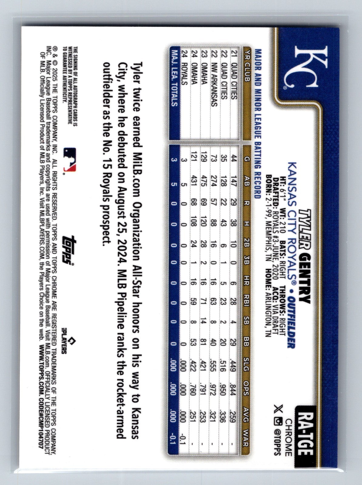 Tyler Gentry 2025 Topps Chrome Purple Refractor Auto RC /250 #RA-TGE Royals