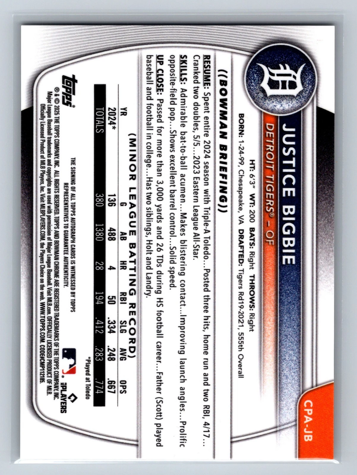 Justice Bigbie 2025 Bowman Chrome 1st Gold Mini Diamond Refractor Auto /50