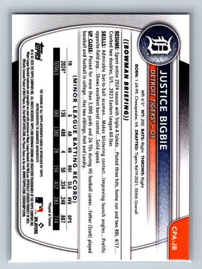 Justice Bigbie 2025 Bowman Chrome 1st Gold Mini Diamond Refractor Auto /50