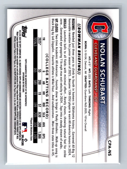 Nolan Schubart 2025 Bowman Draft Chrome 1st Auto #CPA-NS Guardians