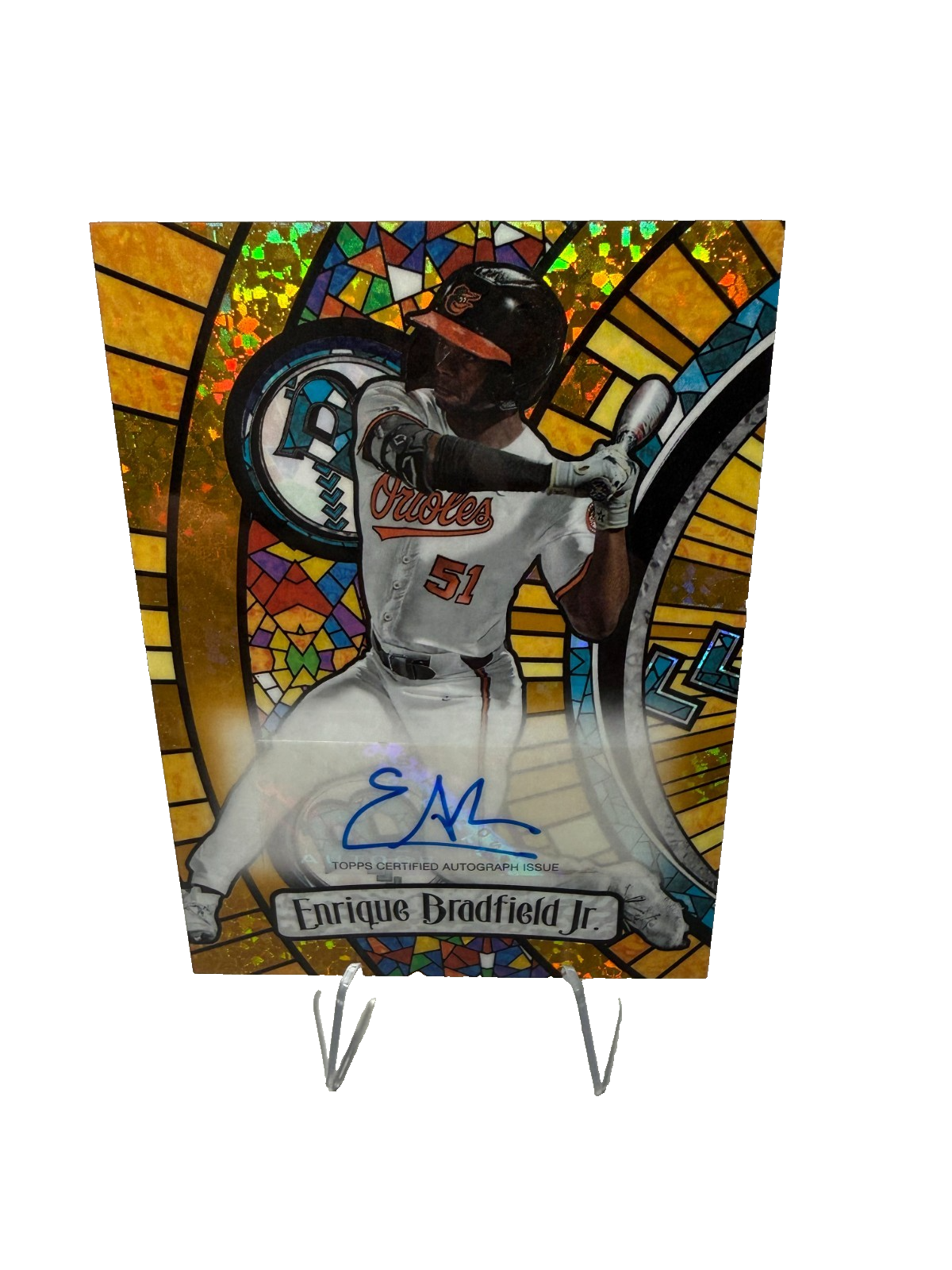 Enrique Bradfield Jr. 2023 Bowman Draft Stained Glass Gold Mini Diamond Auto /50