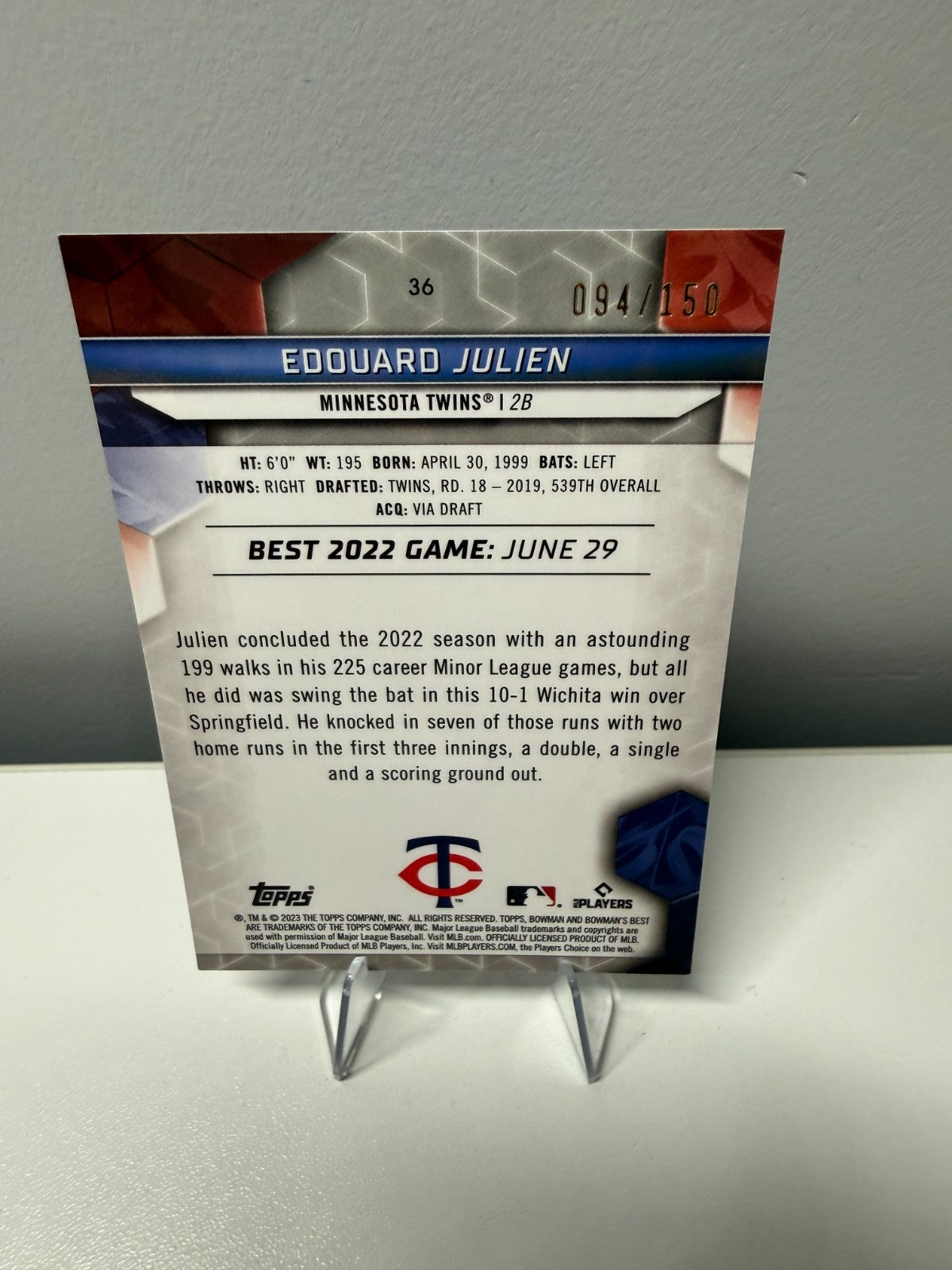 Edouard Julien 2023 Bowman's Best Blue Refractor RC /150 #36 Twins