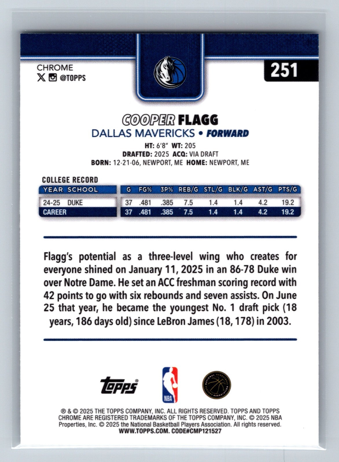 Cooper Flagg 2025-26 Topps Chrome Base RC #251 Mavericks