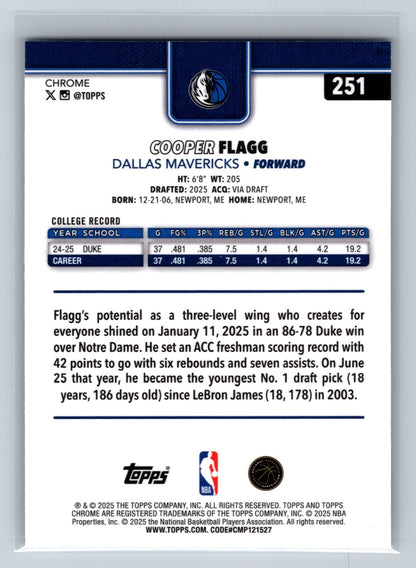 Cooper Flagg 2025-26 Topps Chrome Base RC #251 Mavericks
