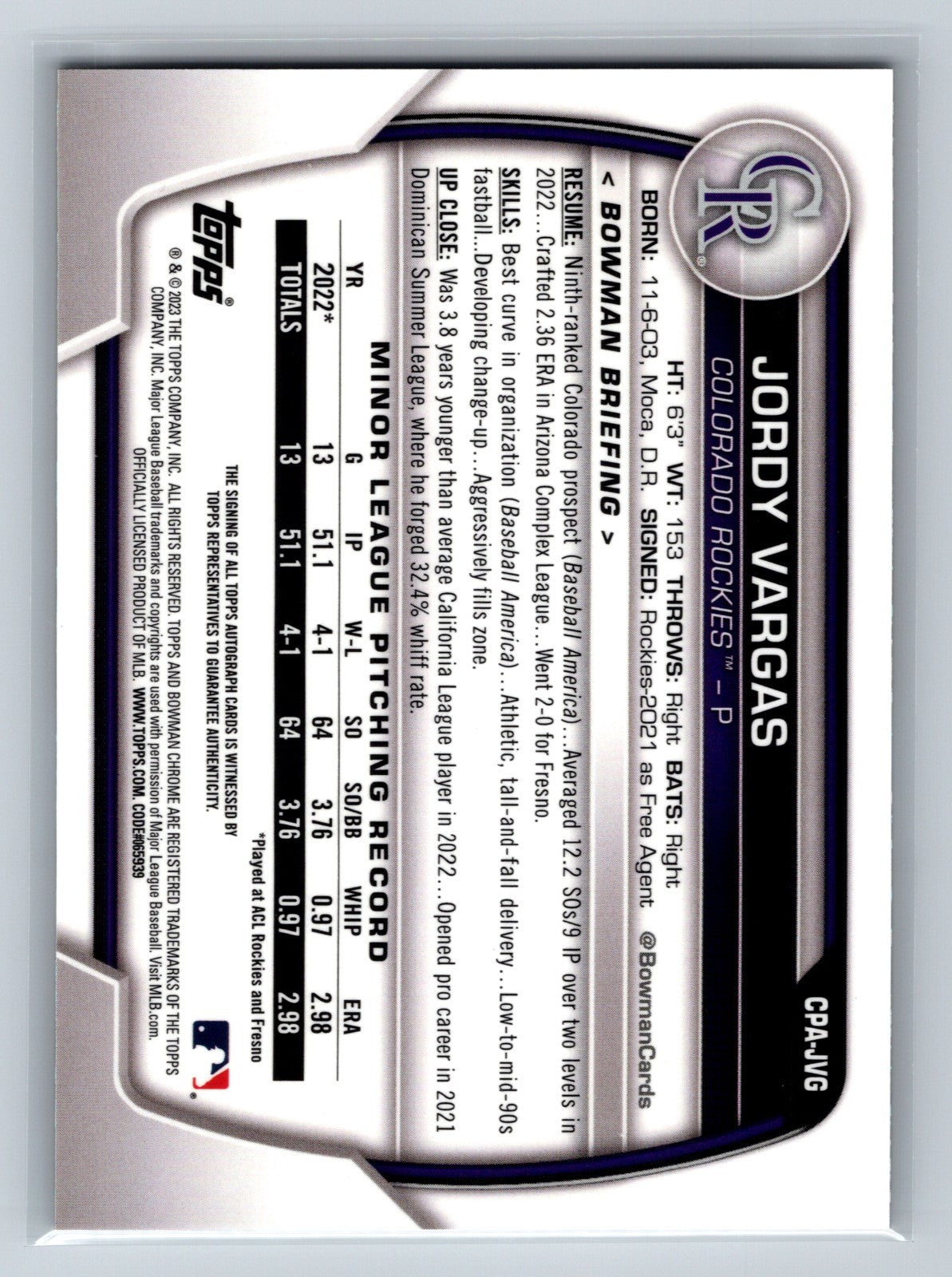 Jordy Vargas 2023 Bowman Chrome 1st Gold Mini Diamond Refractor /50 #CPA-JVG