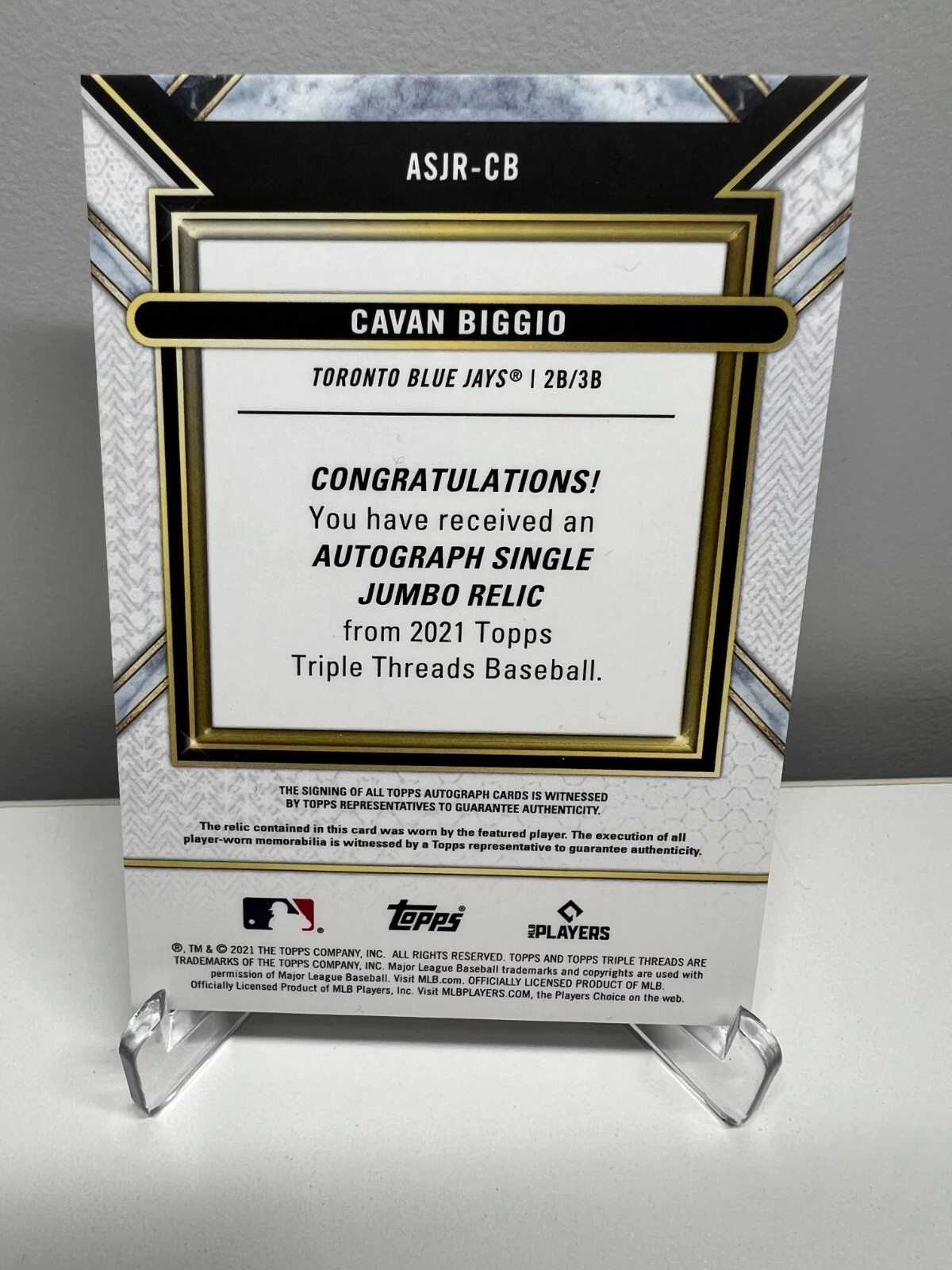 Cavan Biggio 2021 Triple Threads Single Jumbo Relic Auto /75 #ASJR-CB Blue Jays