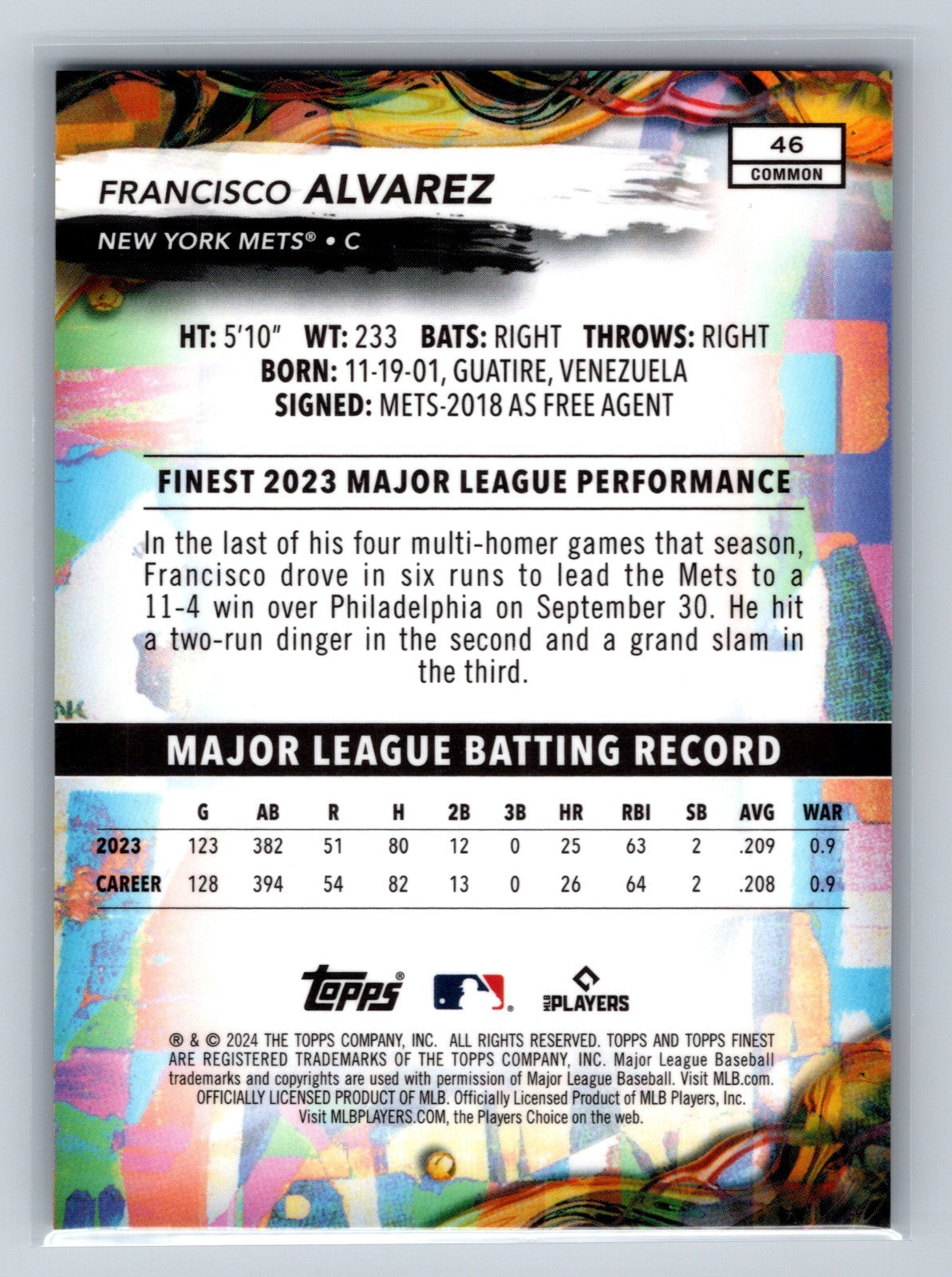 Francisco Alvarez 2024 Topps Finest Common Purple Refractor /250 #46 Mets