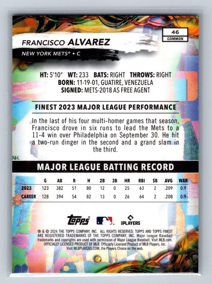 Francisco Alvarez 2024 Topps Finest Common Purple Refractor /250 #46 Mets