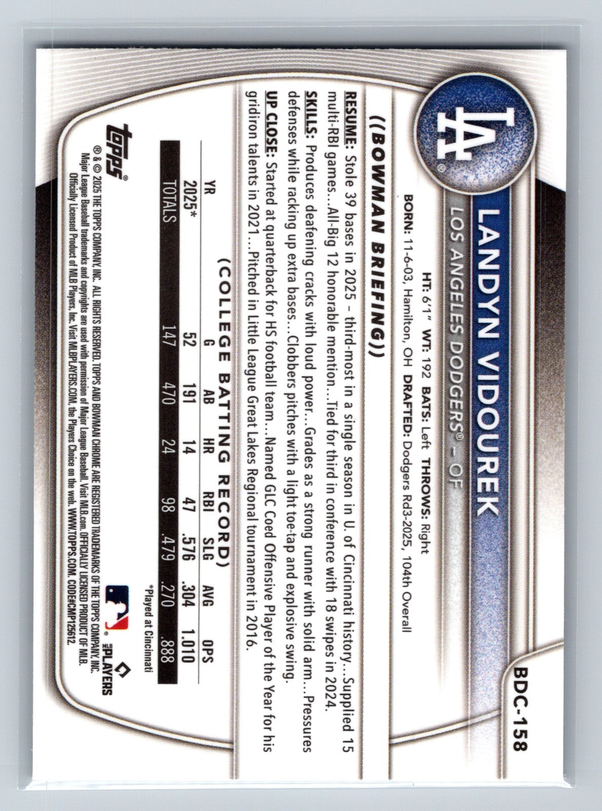Landyn Vidourek 2025 Bowman Draft Chrome 1st X-Fractor #BDC-158 Dodgers