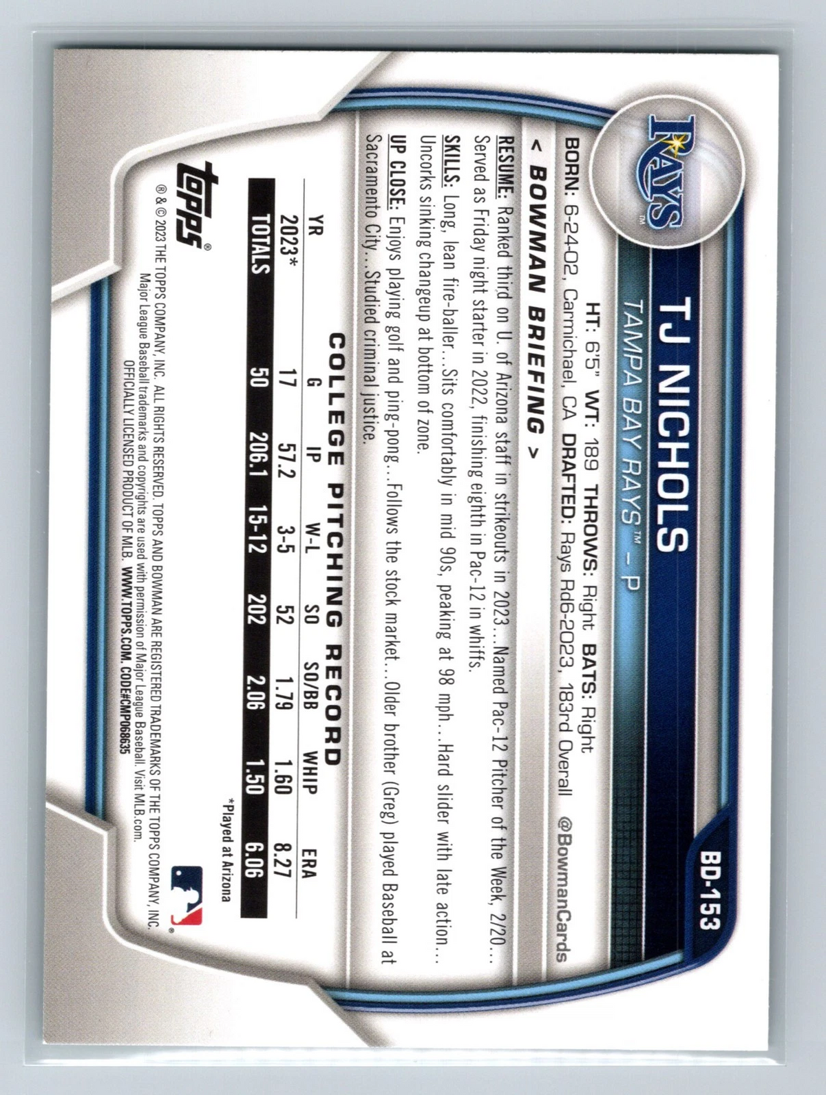 TJ Nichols 2023 Bowman Draft Paper 1st Green /99 #BD-153 Rays