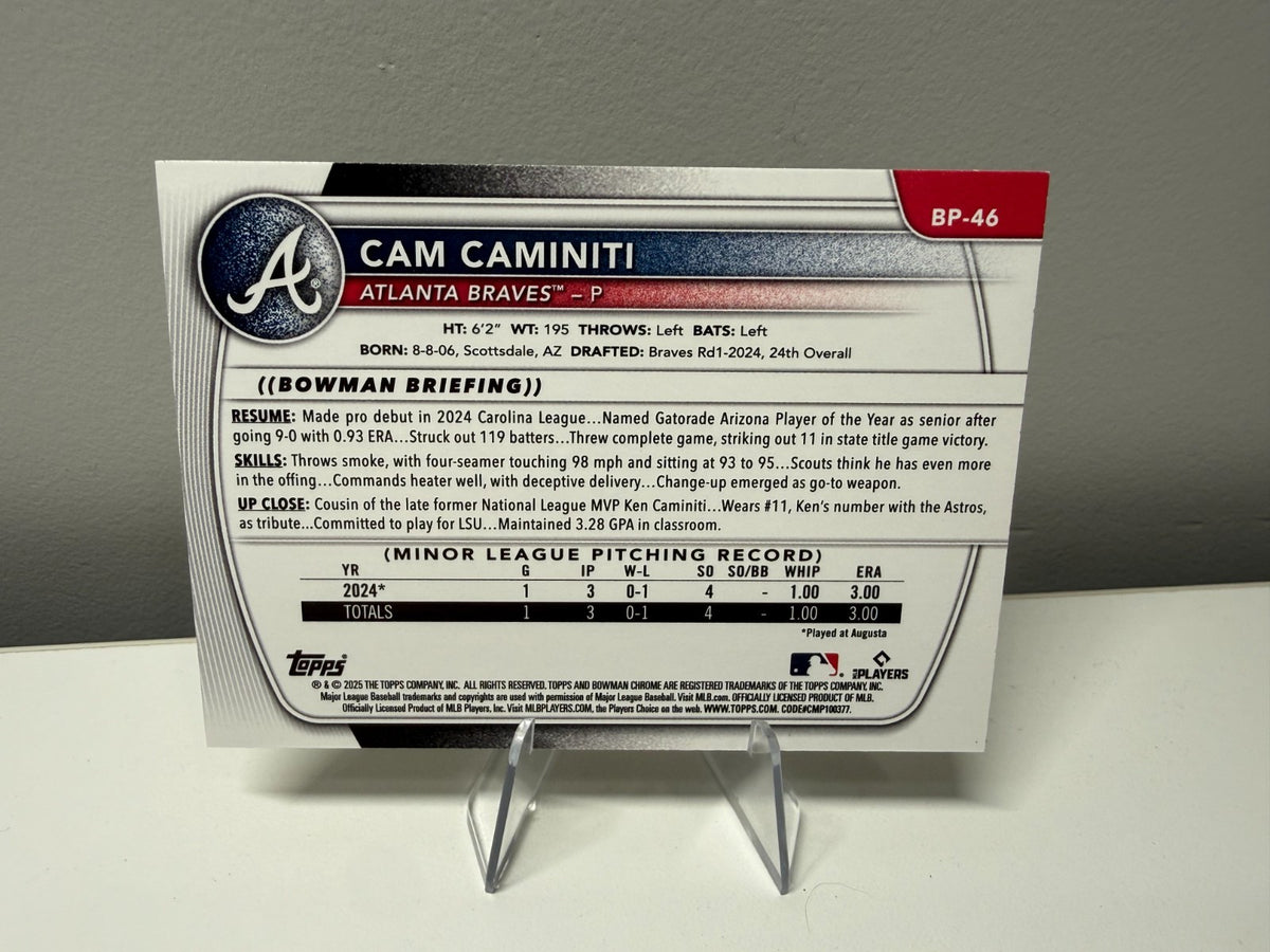 Cam Caminiti 2025 Bowman Prospects Yellow /75 #BP-46 Braves