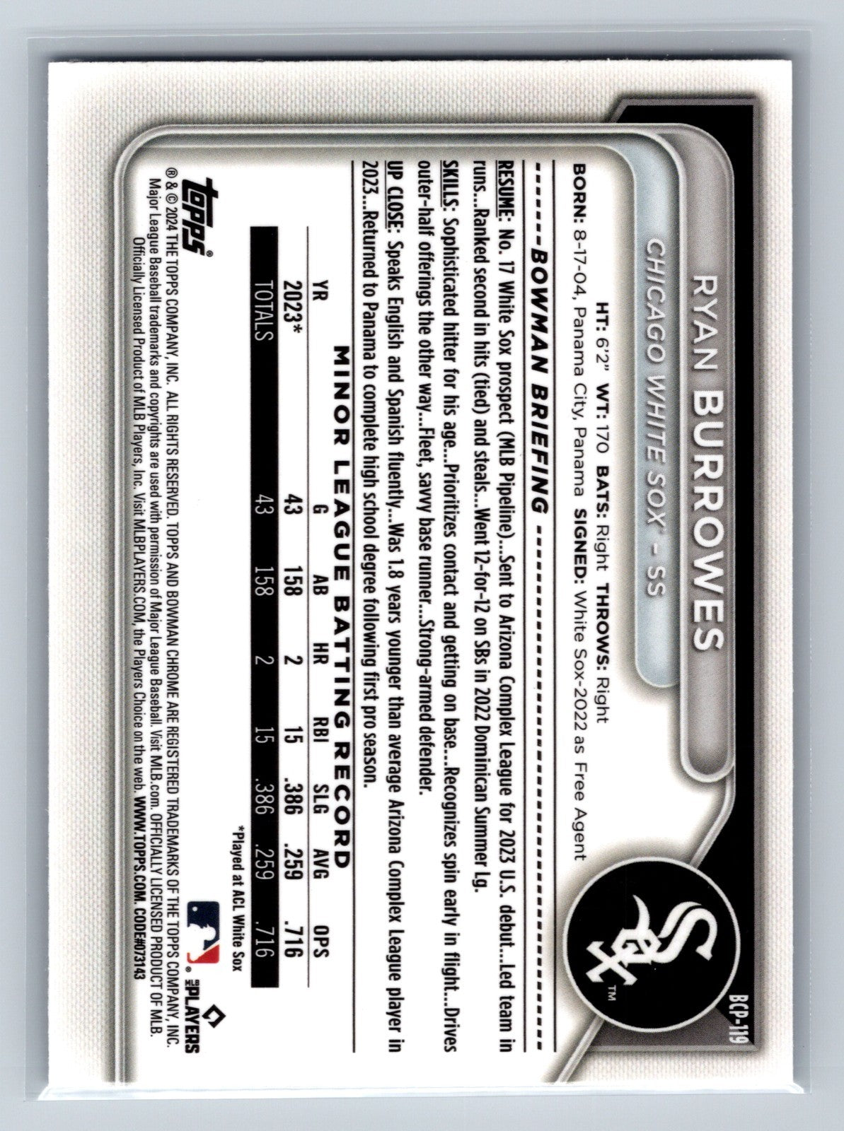Ryan Burrowes 2024 Bowman Chrome 1st Blue RayWave Refractor /150 BCP-119