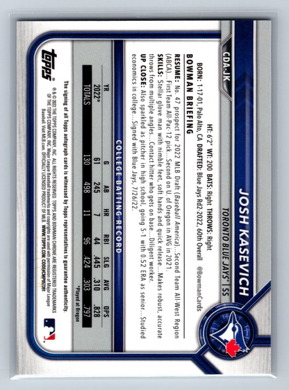 Josh Kasevich 2022 Bowman Draft Chrome 1st Blue Wave Refractor Auto /150 #CDA-JK