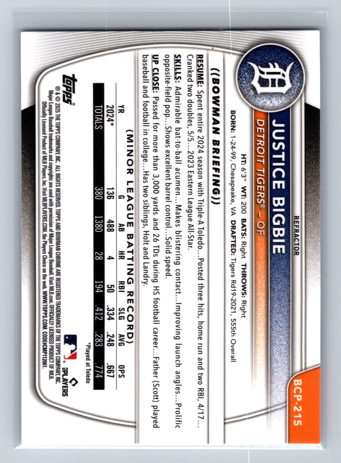 Justice Bigbie 2025 Bowman Chrome 1st Refractor /499 #BCP-215 Tigers