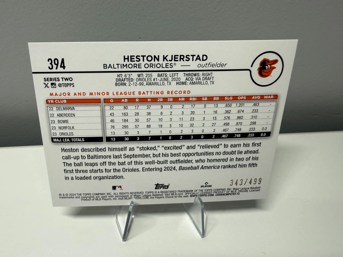Heston Kjerstand 2024 Topps Series 2 Green Crackle Foil RC /499 #349 Orioles