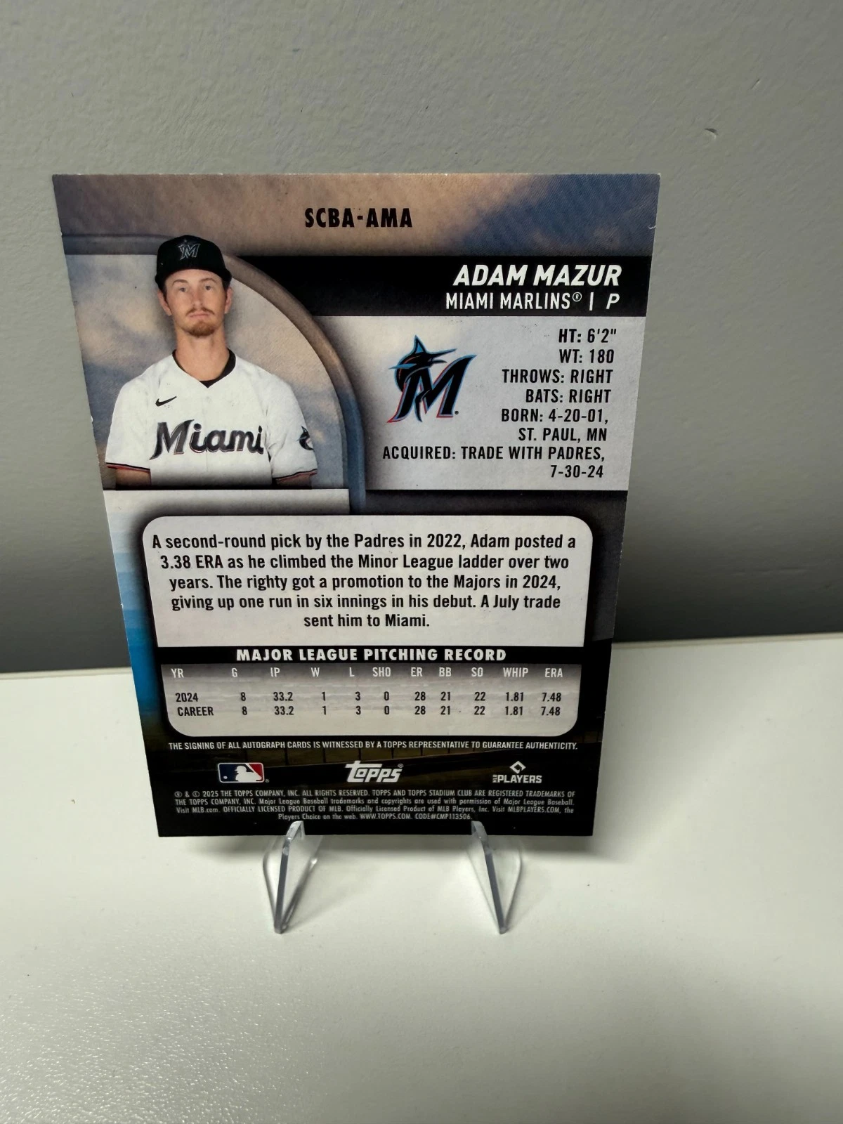 Adam Mazur 2025 Topps Stadium Club RC Gold Auto /50 #SCBA-AMA Marlins
