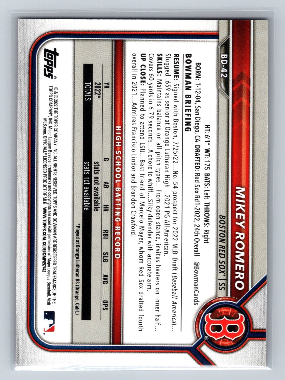 Mikey Romero 2022 Bowman Draft 1st Edition Paper Orange /25 #BD-42 Red Sox