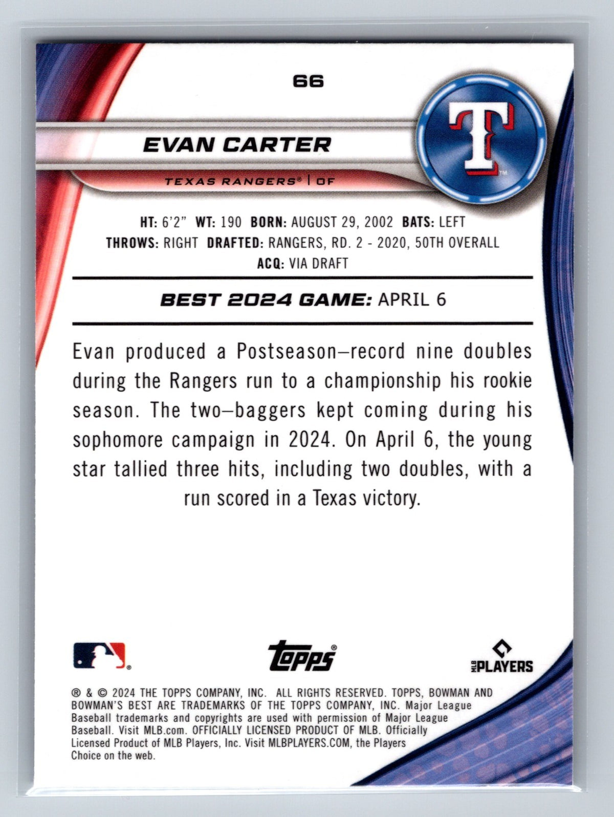 Evan Carter 2024 Bowman's Best Purple Mojo Refractor RC /250 #66 Rangers