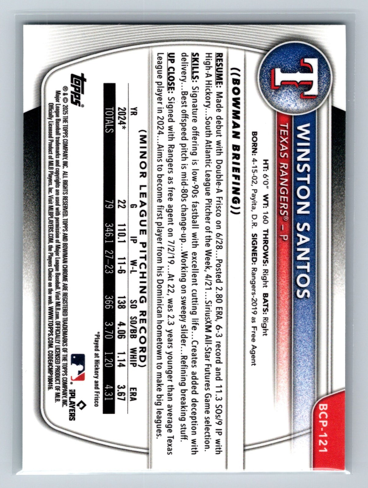 Winston Santos 2025 Bowman Chrome 1st Aqua X-Fractor /125 #BCP-121 Rangers
