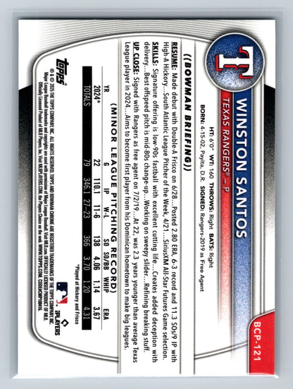 Winston Santos 2025 Bowman Chrome 1st Aqua X-Fractor /125 #BCP-121 Rangers