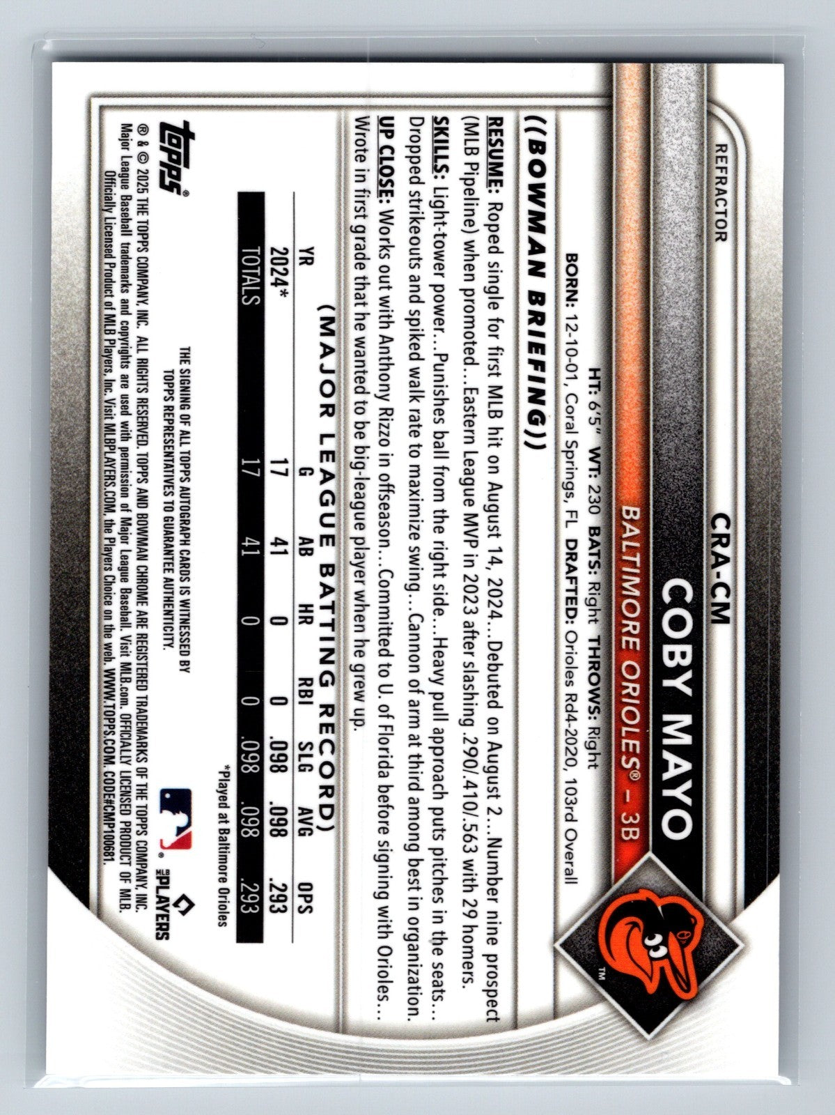 Coby Mayo 2025 Bowman Chrome Refractor Auto RC /499 #CRA-CM Orioles