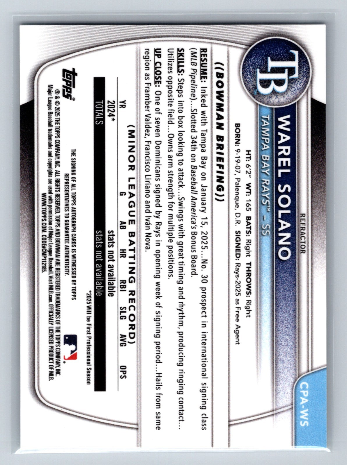 Warel Solano 2025 Bowman Chrome 1st Refractor Auto /499 #CPA-WS Rays