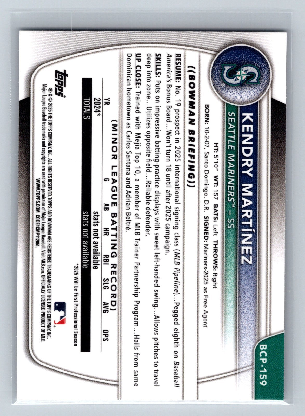 Kendry Martinez 2025 Bowman Chrome 1st Shimmer Refractor #BCP-159 Mariners