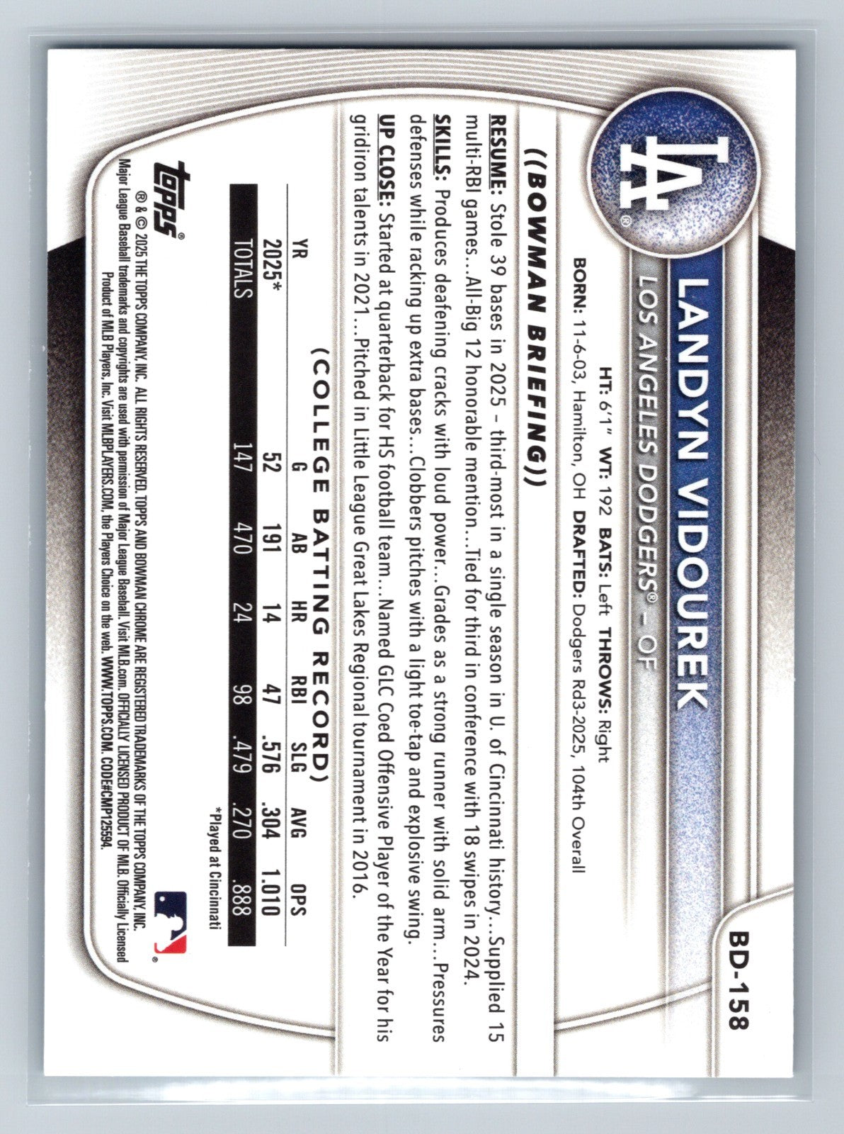 Landyn Vidourek 2025 Bowman Draft 1st Paper Sky Blue /499 #BD-158 Dodgers